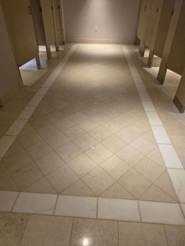 Polished stone bathroom floor from a Rose Restoration job in Washington, DC