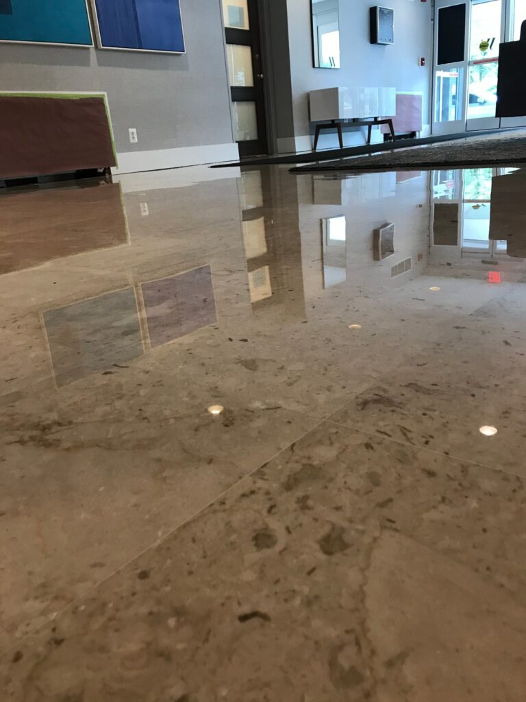 Polished stone floor in a building lobby