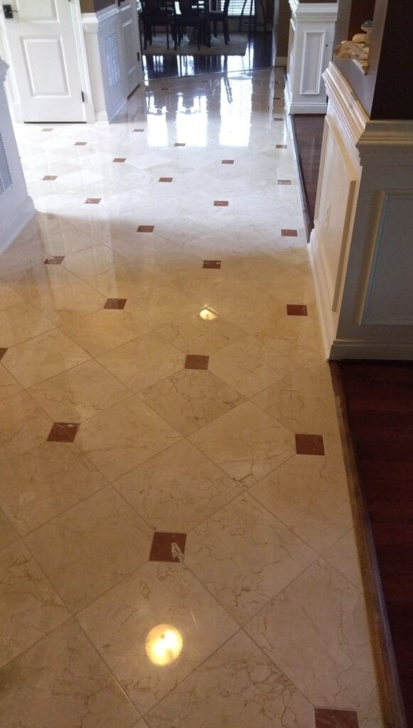 Polished stone tile floor from a Rose Restoration job in Leesburg, VA