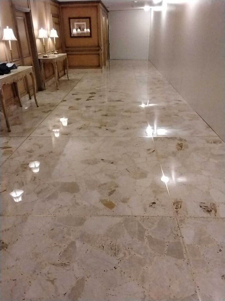 Polished stone hallway floor from a Rose Restoration job in Washington, DC