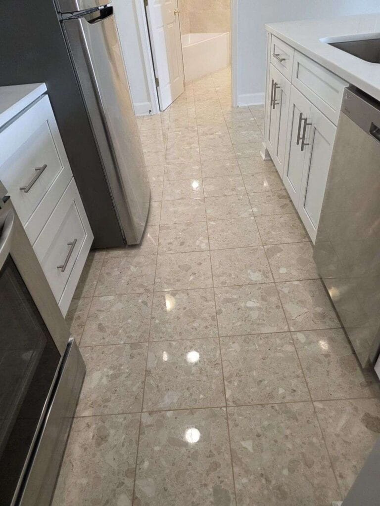 Polished stone kitchen floor from a Rose Restoration job in Arlington, VA