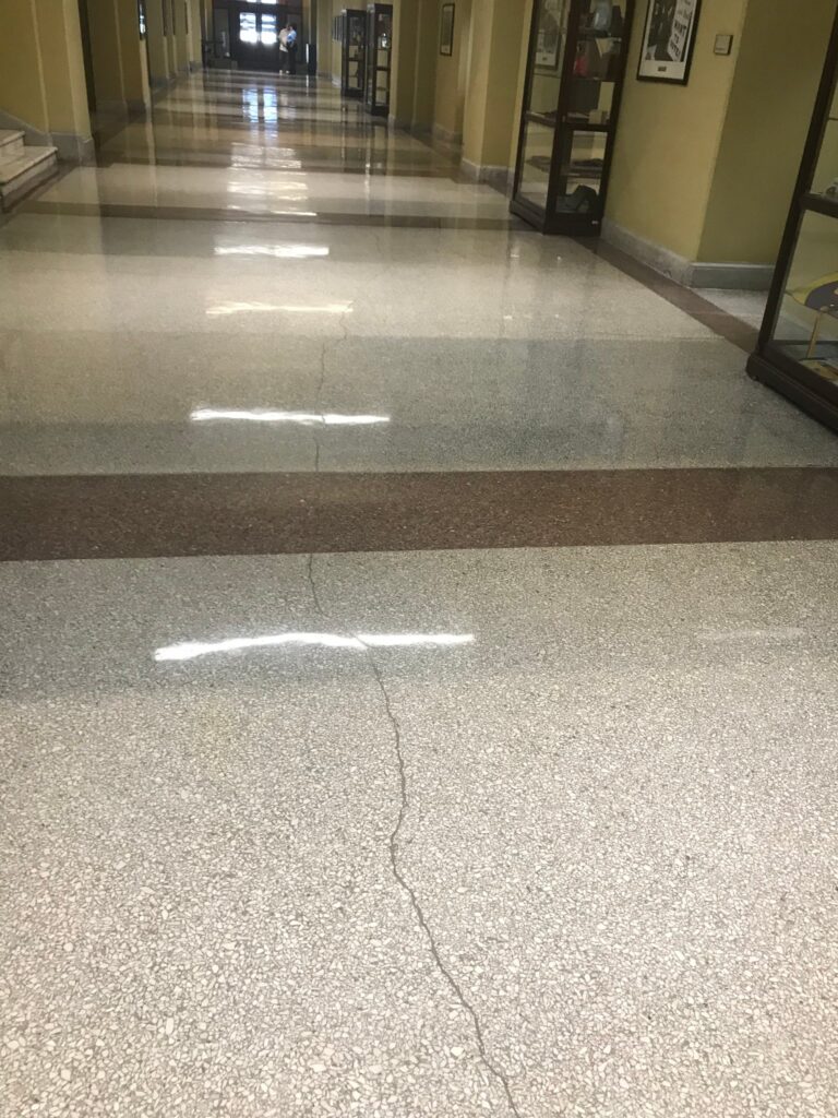 Polished terrazzo corridor in an institutional building