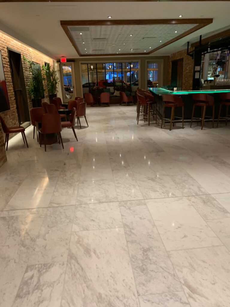 Polished white marble lobby floor