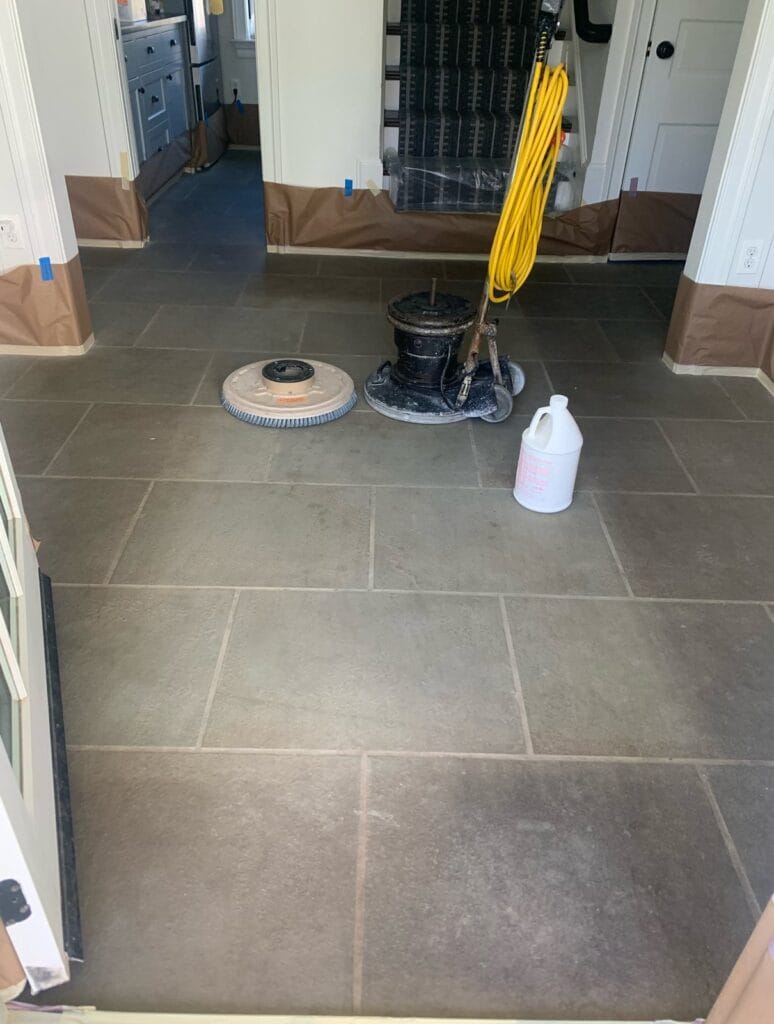 Stone floor during machine polishing from a Rose Restoration job in Chevy Chase, MD