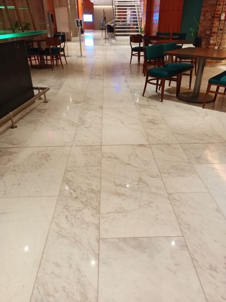 White marble floor polished in a dining area