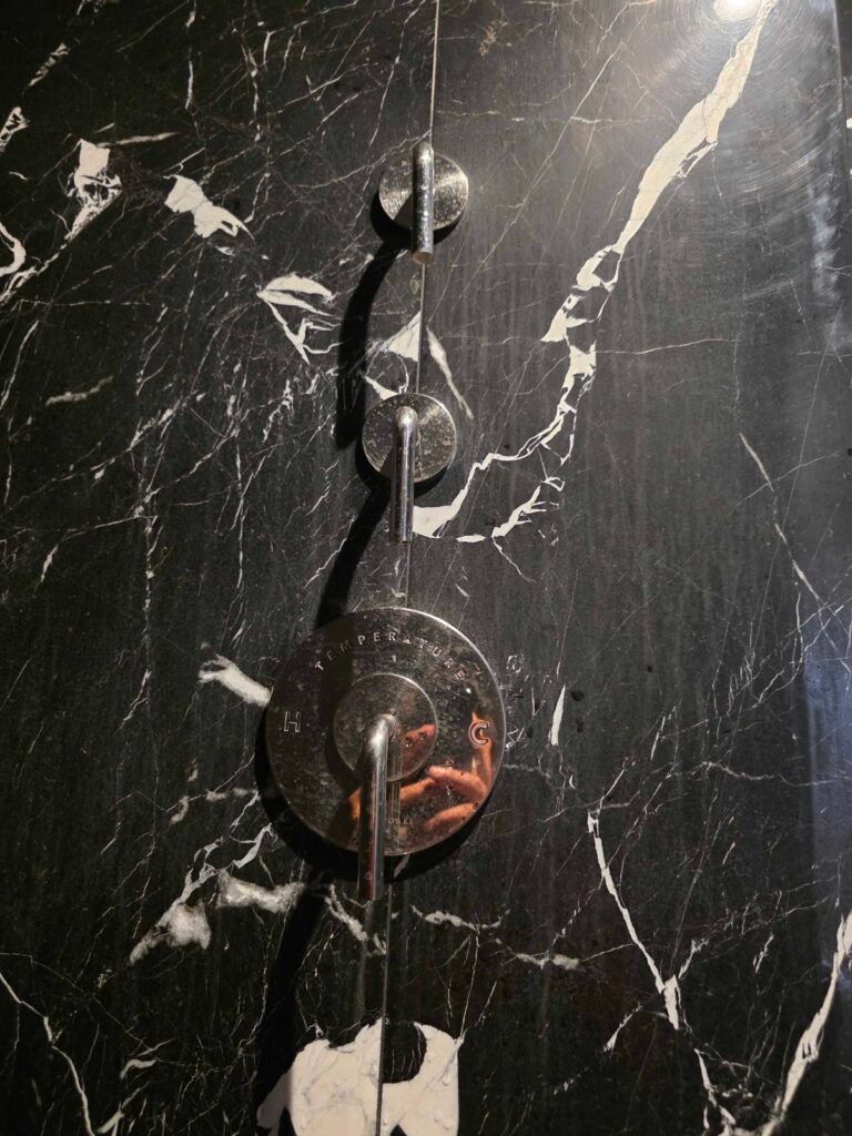 Black marble shower wall with chrome fixtures, Rose Restoration project