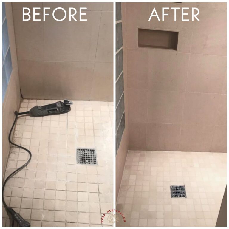 Tiled shower floor and wall, Rose Restoration project