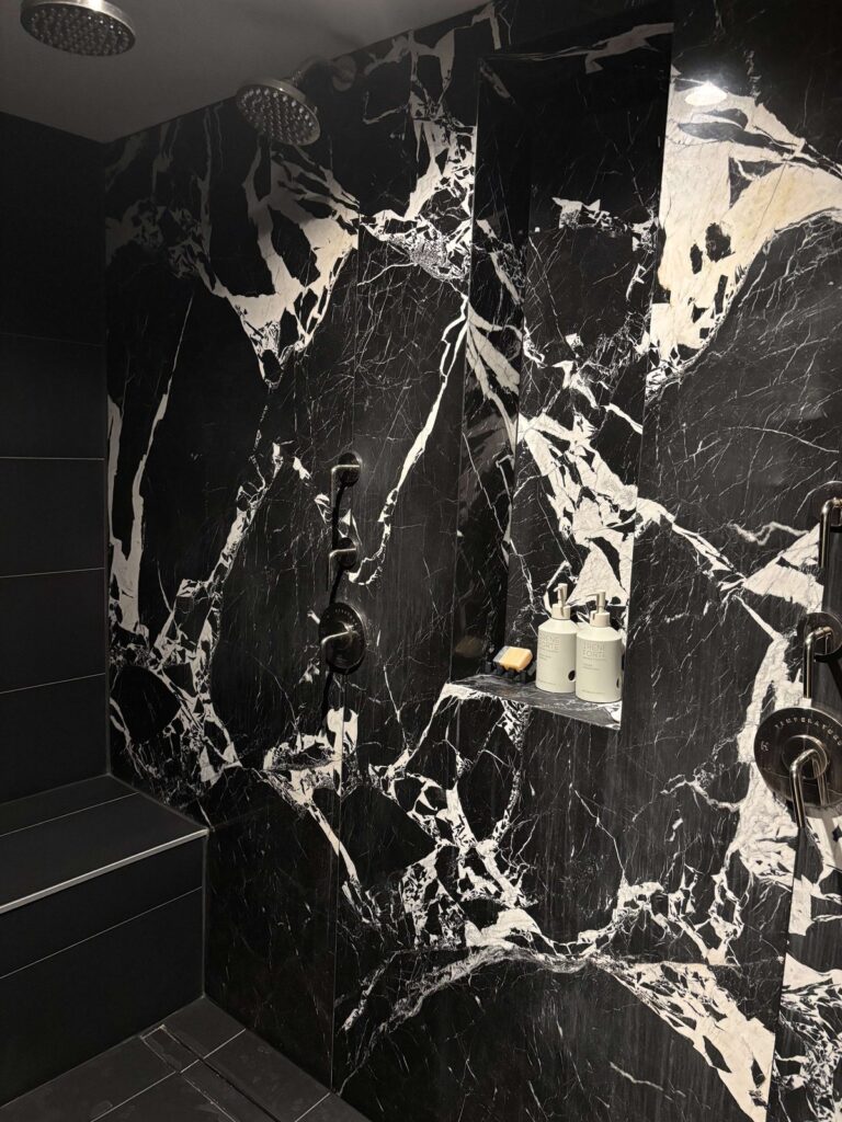 Black marble shower walls, Rose Restoration project