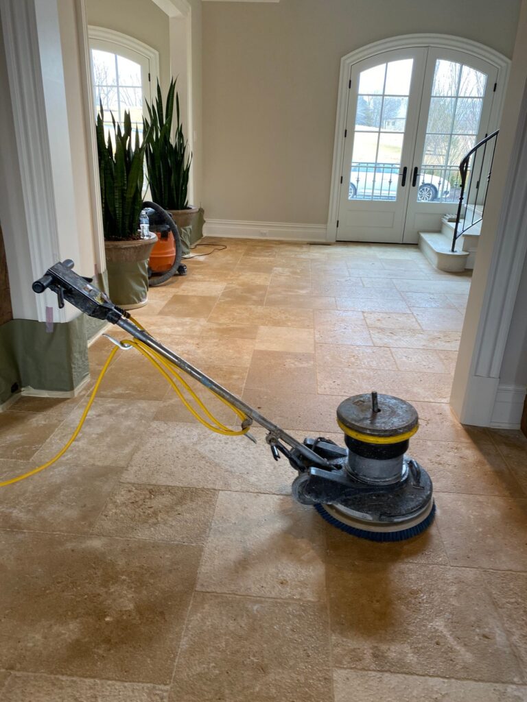 Stone floor with cleaning machine, Rose Restoration project