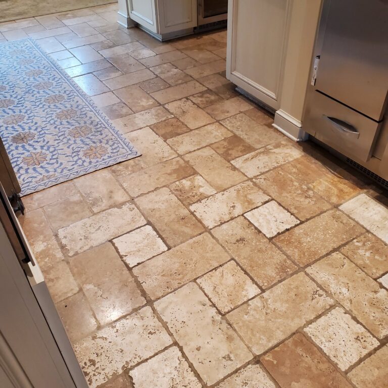 Stone kitchen floor with patterned rug, Rose Restoration project