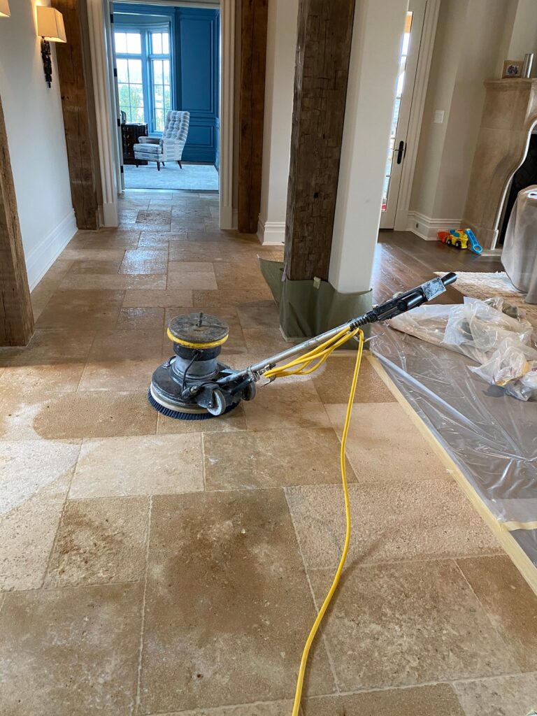 Stone floor with polishing machine, Rose Restoration project