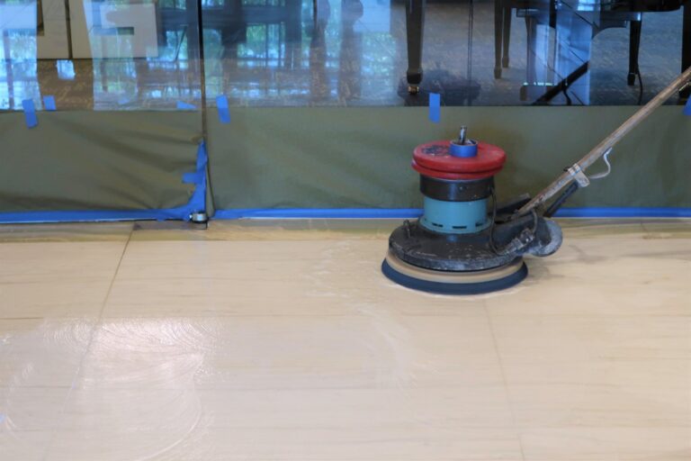 Polished stone floor with cleaning machine, Rose Restoration project