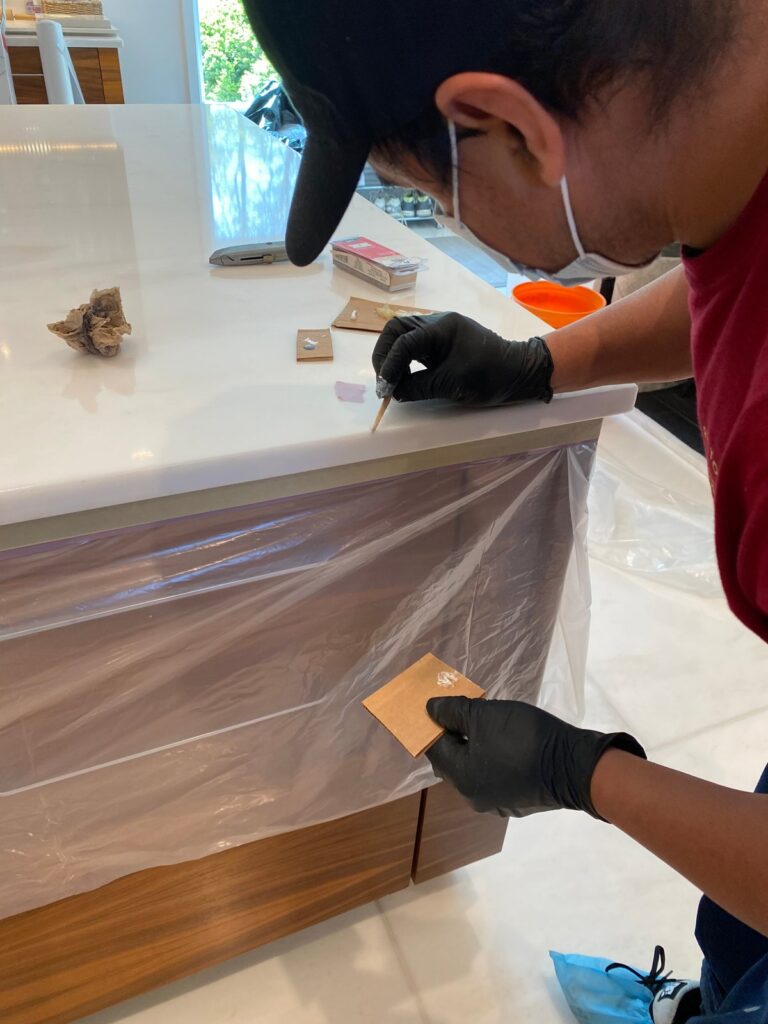Stone countertop with protective film, Rose Restoration project
