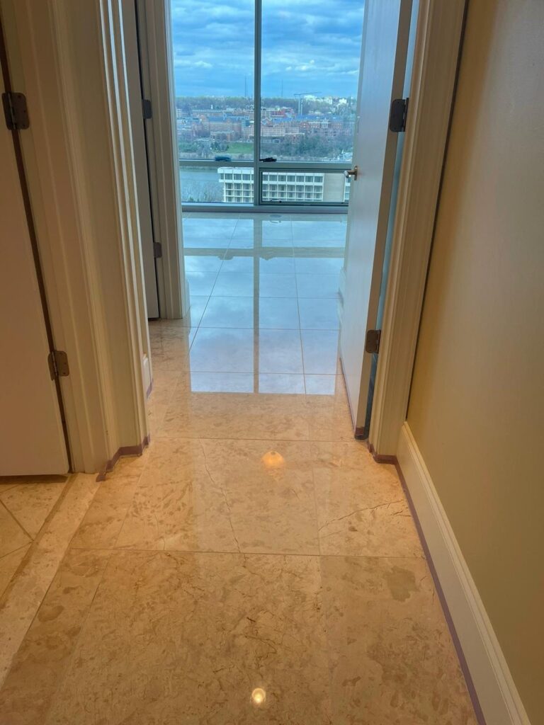 Polished stone hallway floor, Rose Restoration project