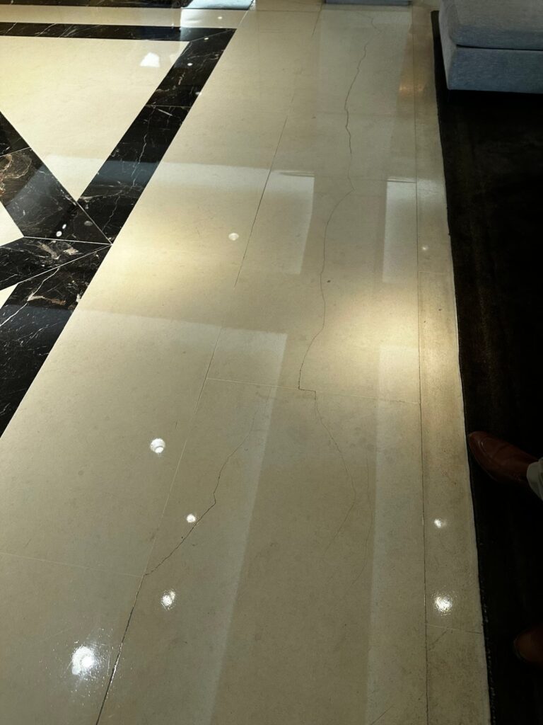 Polished stone floor with black veining, Rose Restoration project