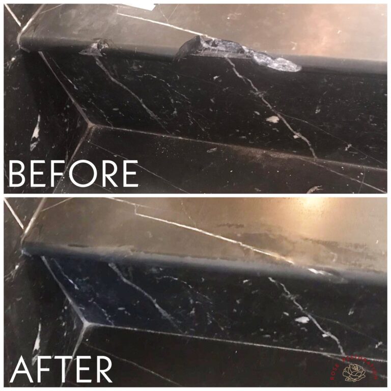 Restored black marble staircase step, Rose Restoration project