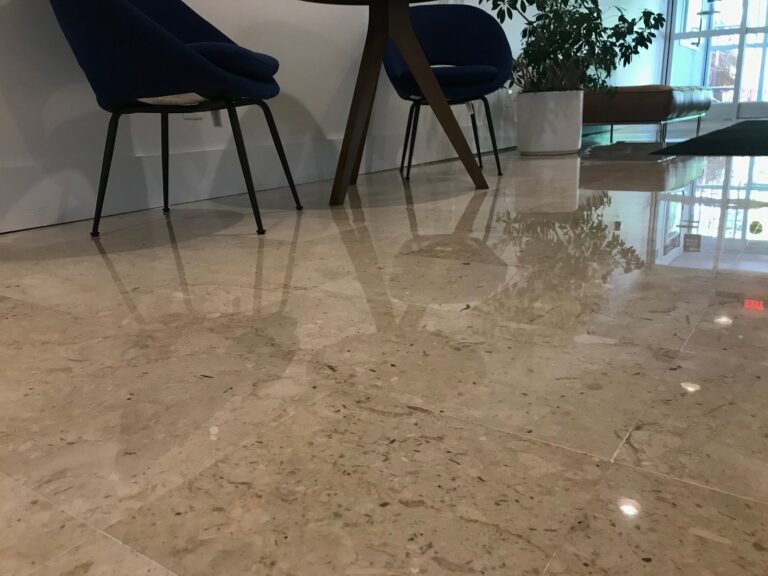 Polished stone floor with reflections, Rose Restoration project