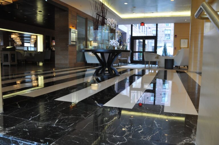 Polished black and white marble floor, Rose Restoration project