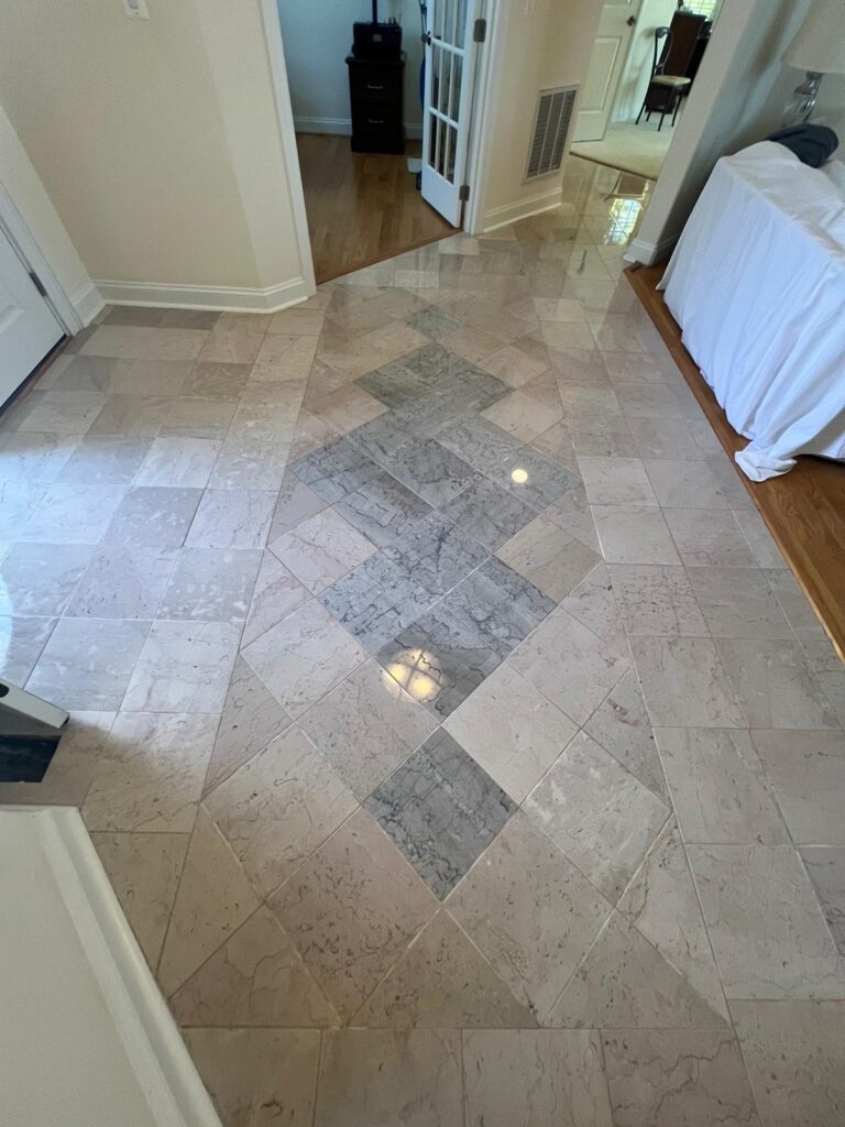Polished marble floor with geometric pattern, Rose Restoration project