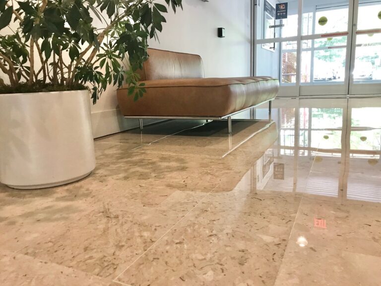 Polished stone floor with plant and bench, Rose Restoration project