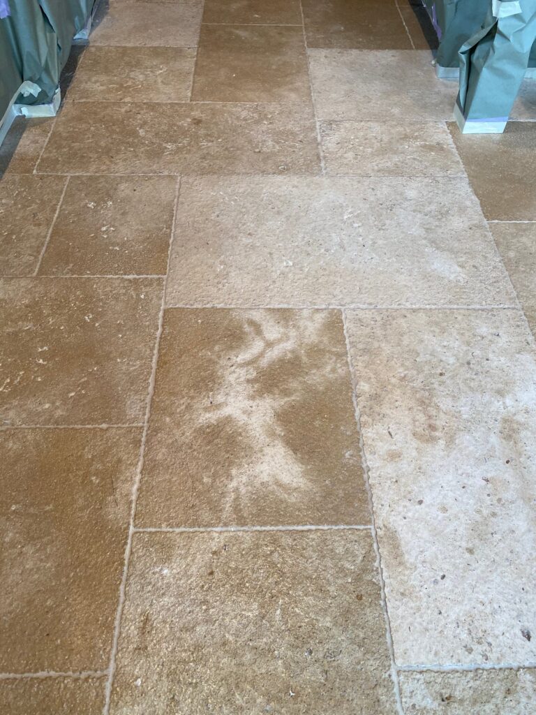Stone floor with varied tones and grout lines, Rose Restoration project