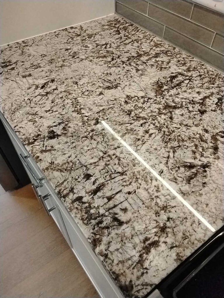 Granite countertop with dark veining, Rose Restoration project