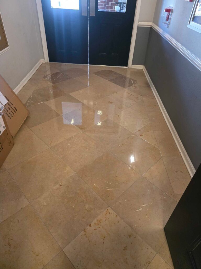 Polished stone floor with diamond pattern, Rose Restoration project
