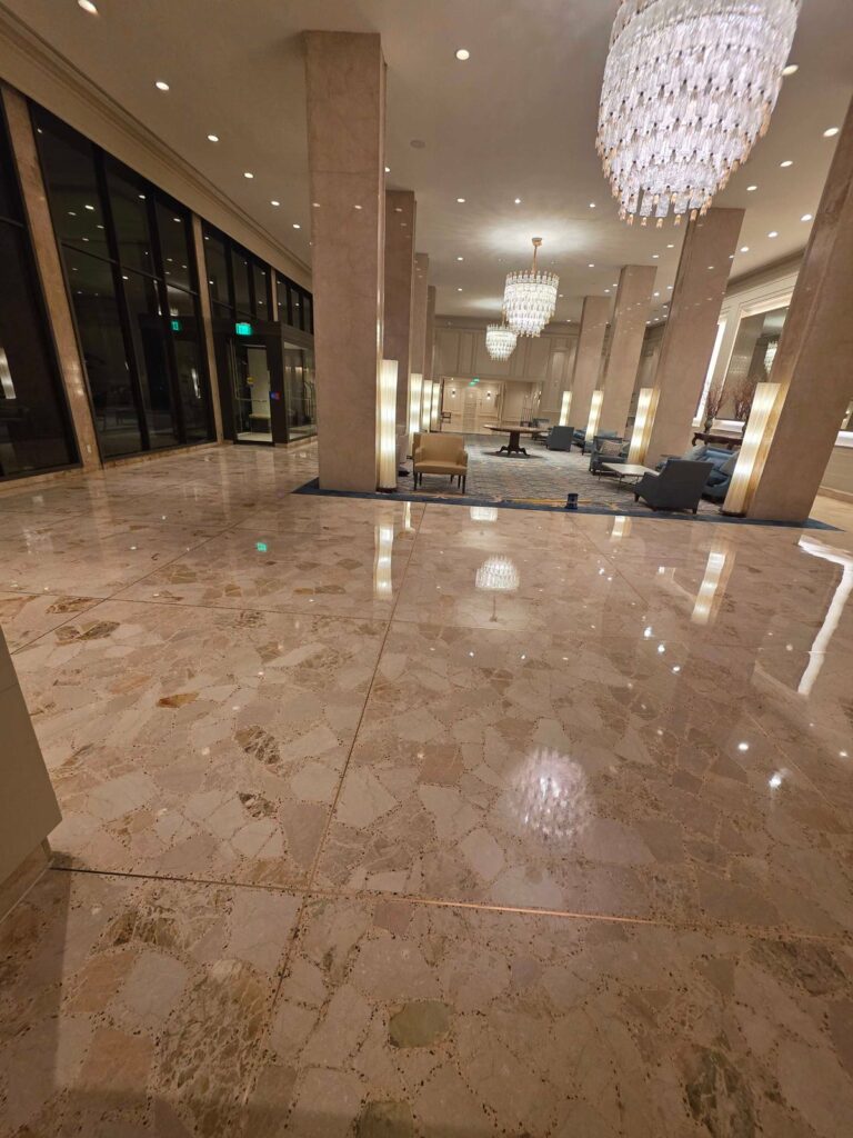 Polished stone lobby floor, Rose Restoration project
