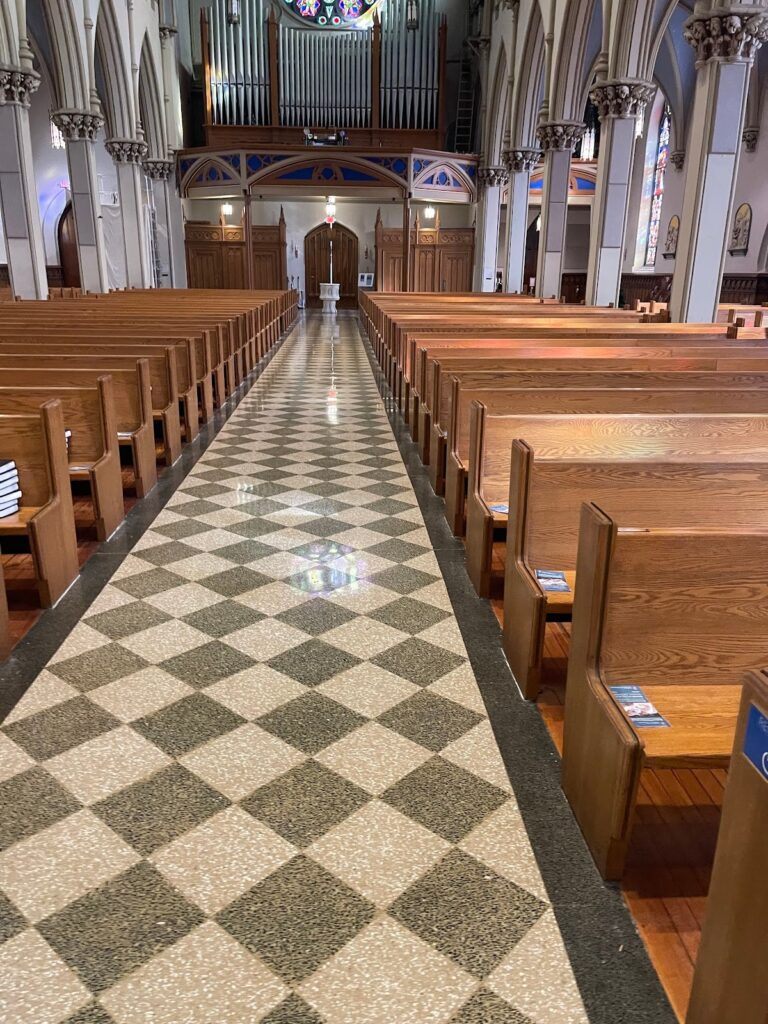 Checkered stone floor in a church, Rose Restoration project