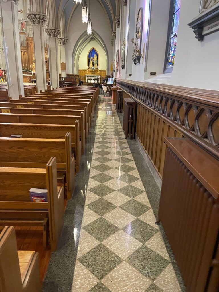 Checkered stone floor in a church, Rose Restoration project