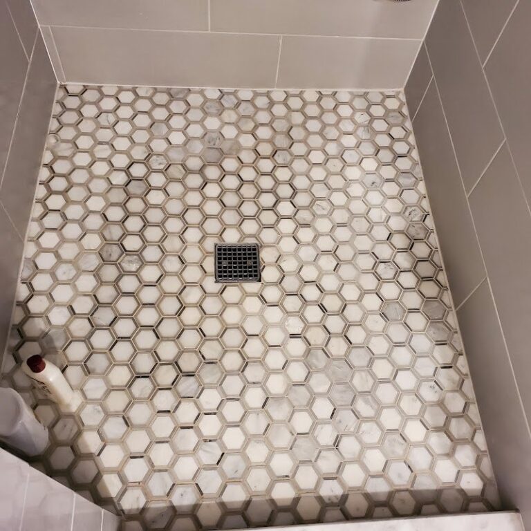 Hexagonal tile shower floor, Rose Restoration project
