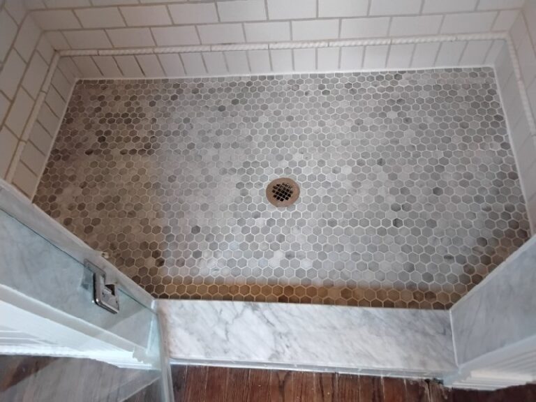 Hexagonal tile shower floor, Rose Restoration project