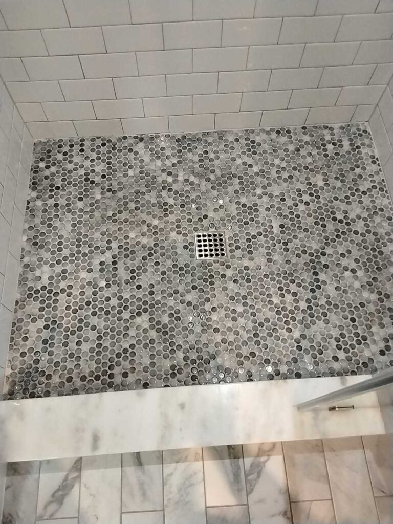 Hexagonal tile shower floor, Rose Restoration project