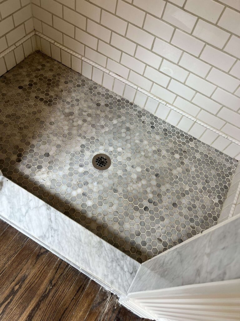 Hexagonal tile shower floor, Rose Restoration project
