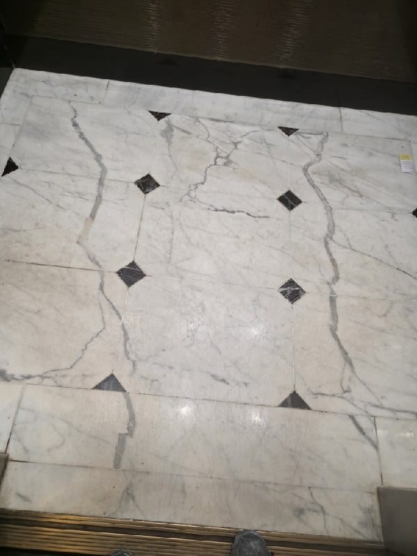 Marble floor with black diamond inlays from a Rose hotel job in Washington, DC