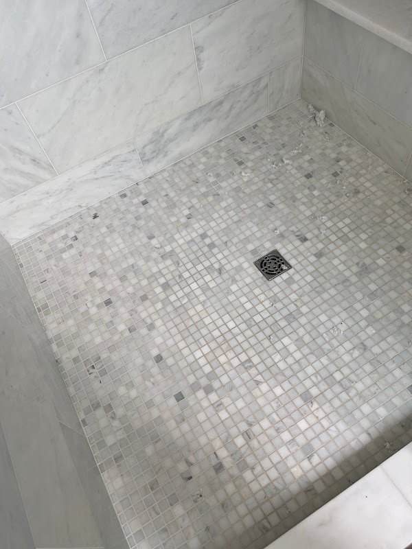 Mosaic tile shower floor, Rose Restoration project
