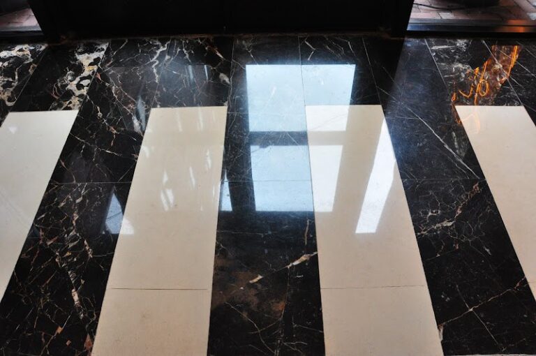 Polished marble floor with black and white stripes, Rose Restoration project