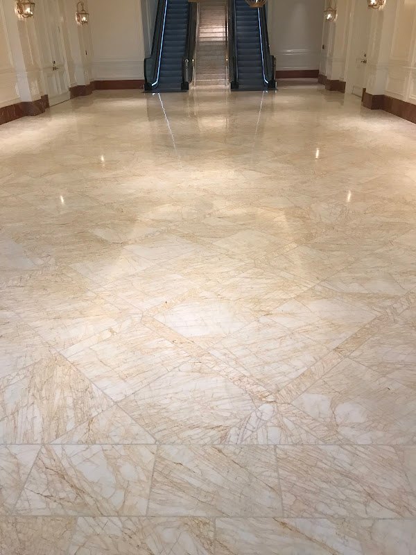 Polished marble floor with geometric pattern, Rose Restoration project