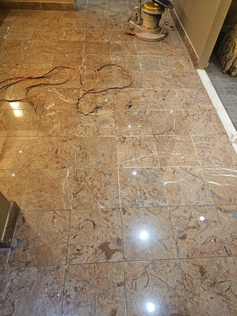 Polished marble floor with machine from a Rose hotel job in Washington, DC