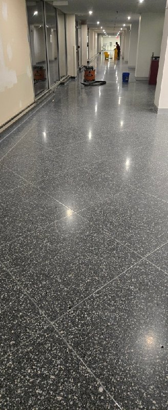 Polished speckled stone floor at a federal research campus, Rose Restoration project