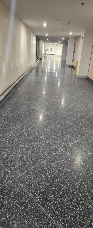 Polished speckled stone floor at a federal research campus, Rose Restoration project