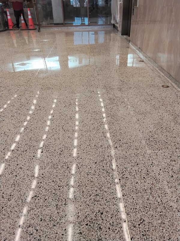 Polished stone floor with speckles at a federal research campus, Rose Restoration project