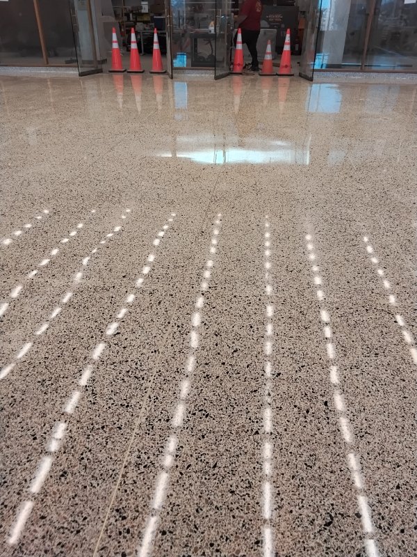 Polished terrazzo floor with reflective lines at a federal research campus, Rose Restoration project