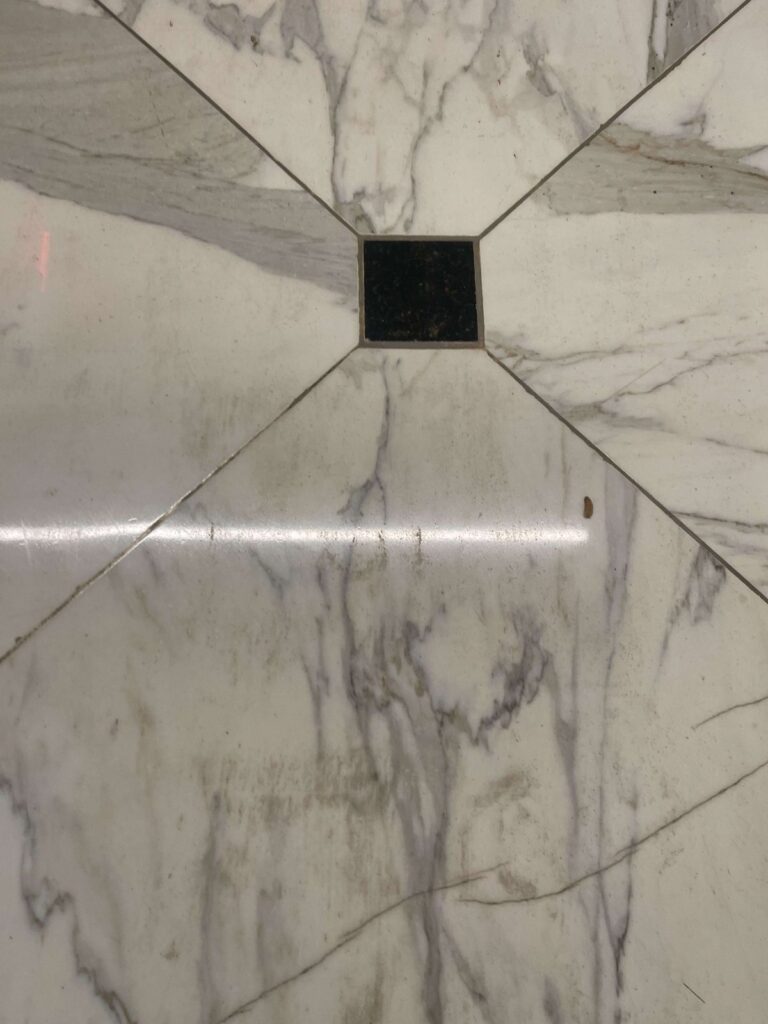 Before: stone floor with black inserts in Washington, DC, photographed by Rose Restoration before the work