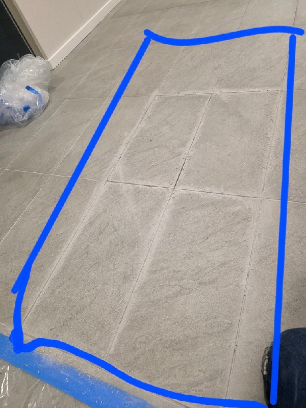 Stone floor with a taped-off work area, Rose Restoration project