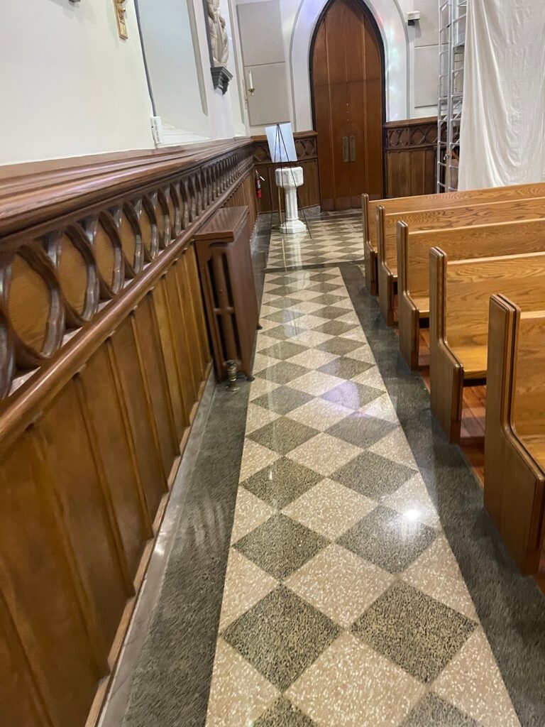 Stone floor with diamond pattern in a church, Rose Restoration project