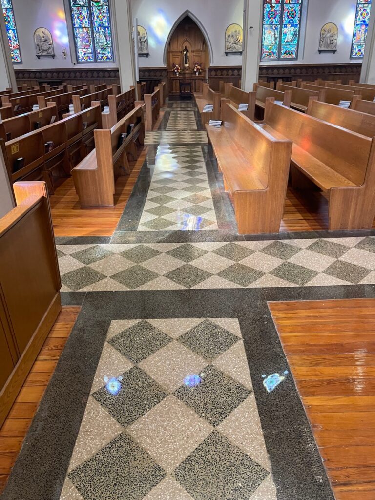 Stone floor with diamond pattern in a church, Rose Restoration project