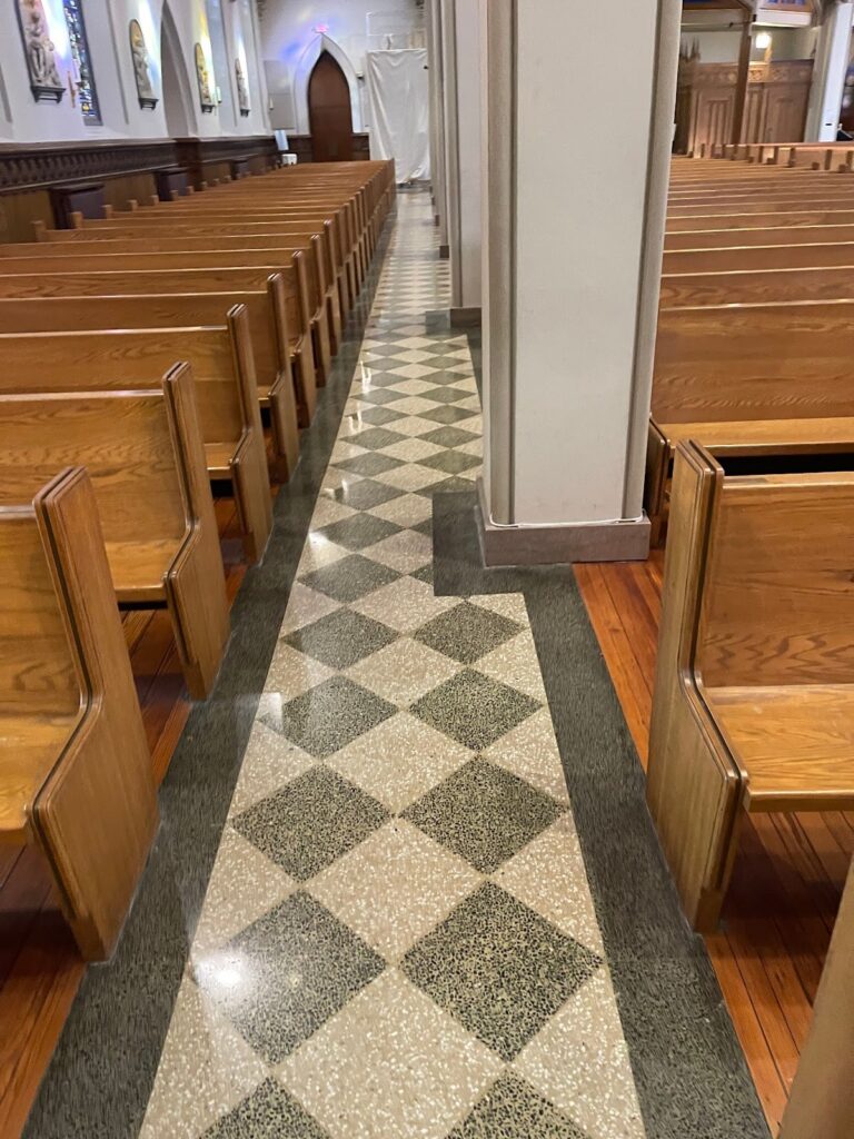 Stone floor with diamond pattern in a church, Rose Restoration project