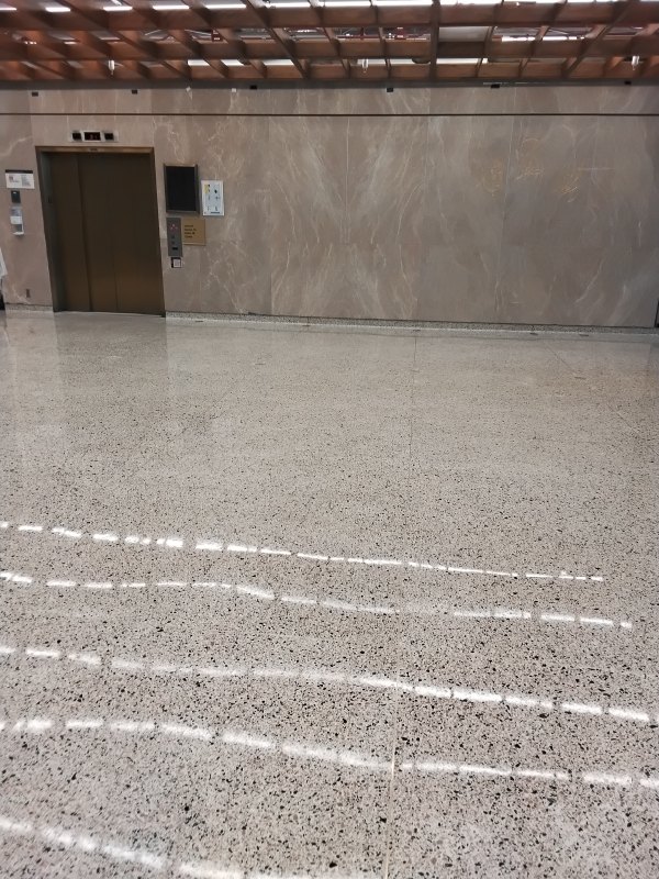 Stone floor with reflective finish at a federal research campus, Rose Restoration project