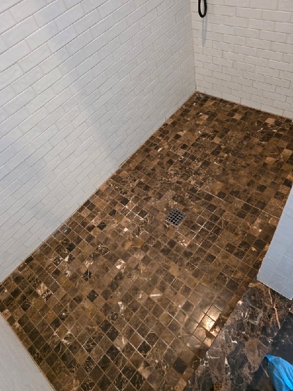 Stone mosaic shower floor, Rose Restoration project